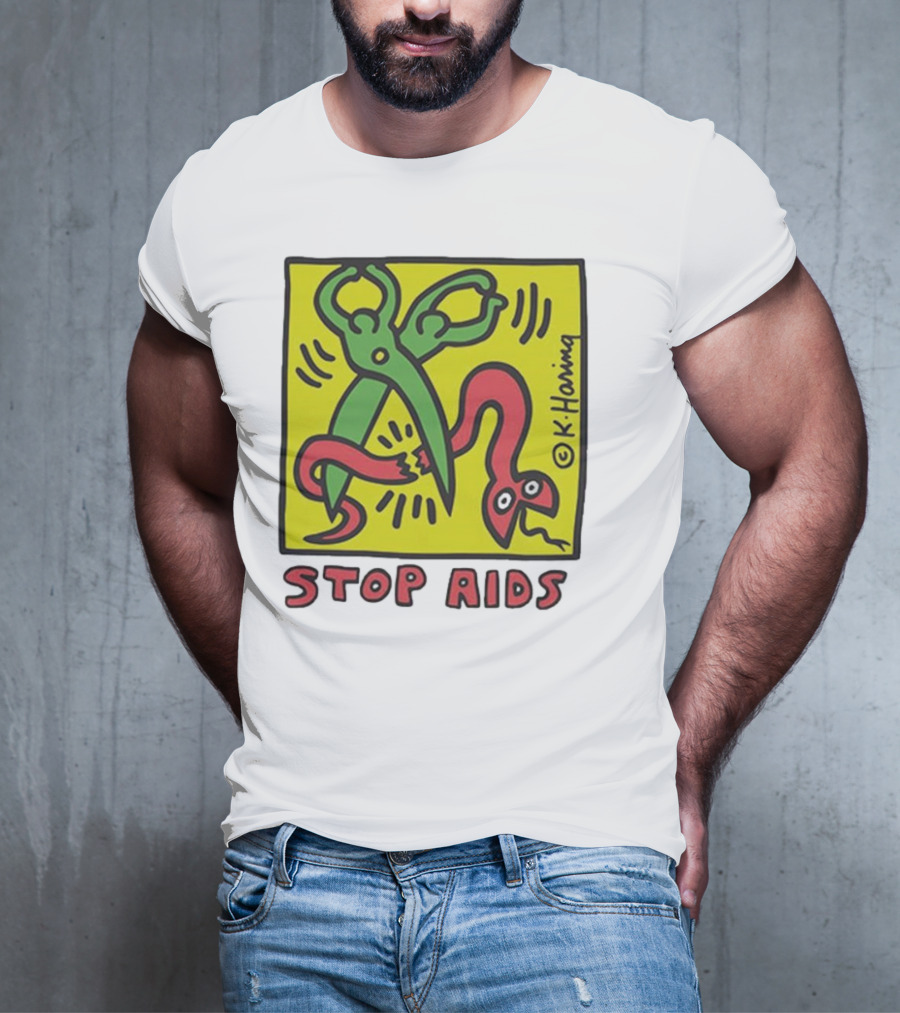 Keith Haring Stop Aids Scissors Cutting Snake T-Shirt
