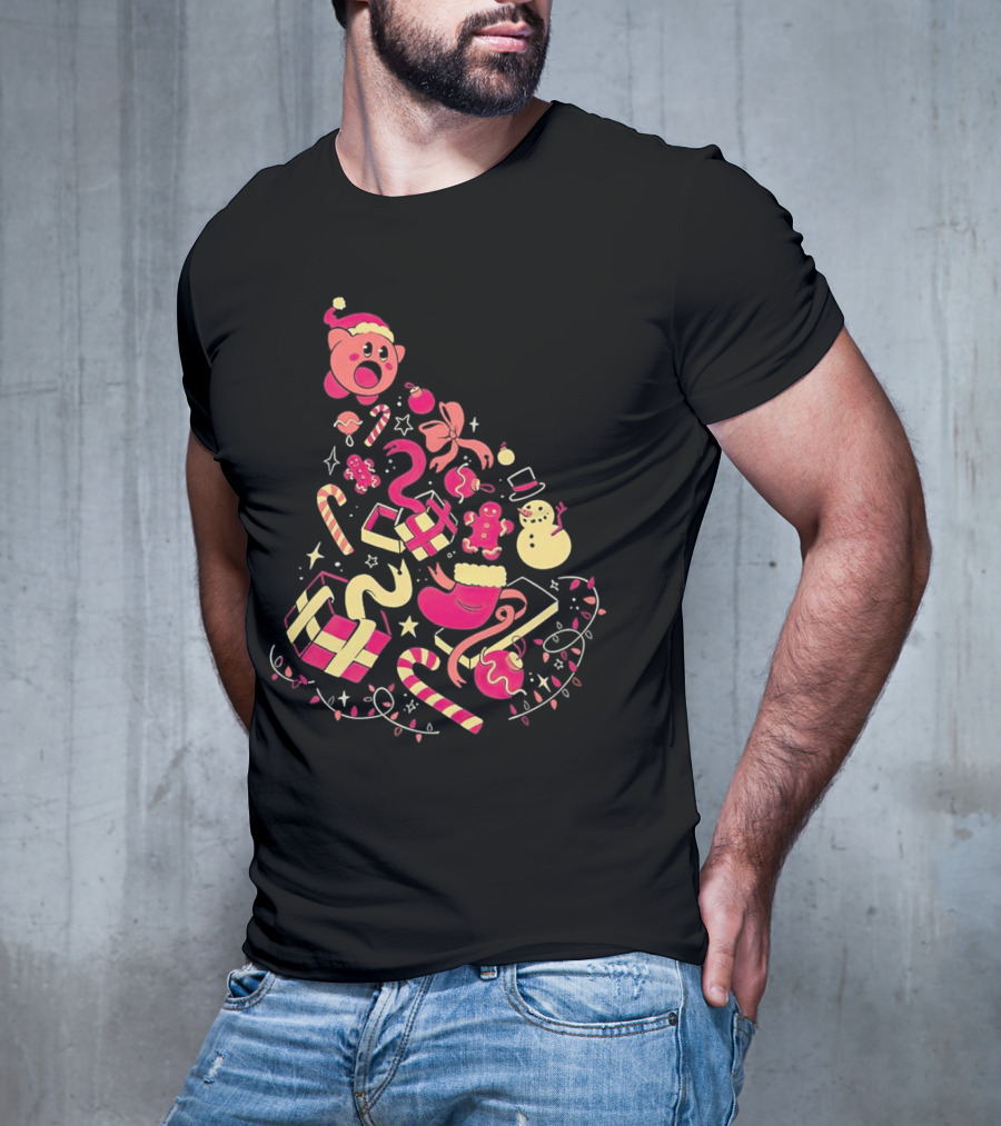 Kirby Christmas Santa Hat And Holiday Icons T-Shirt