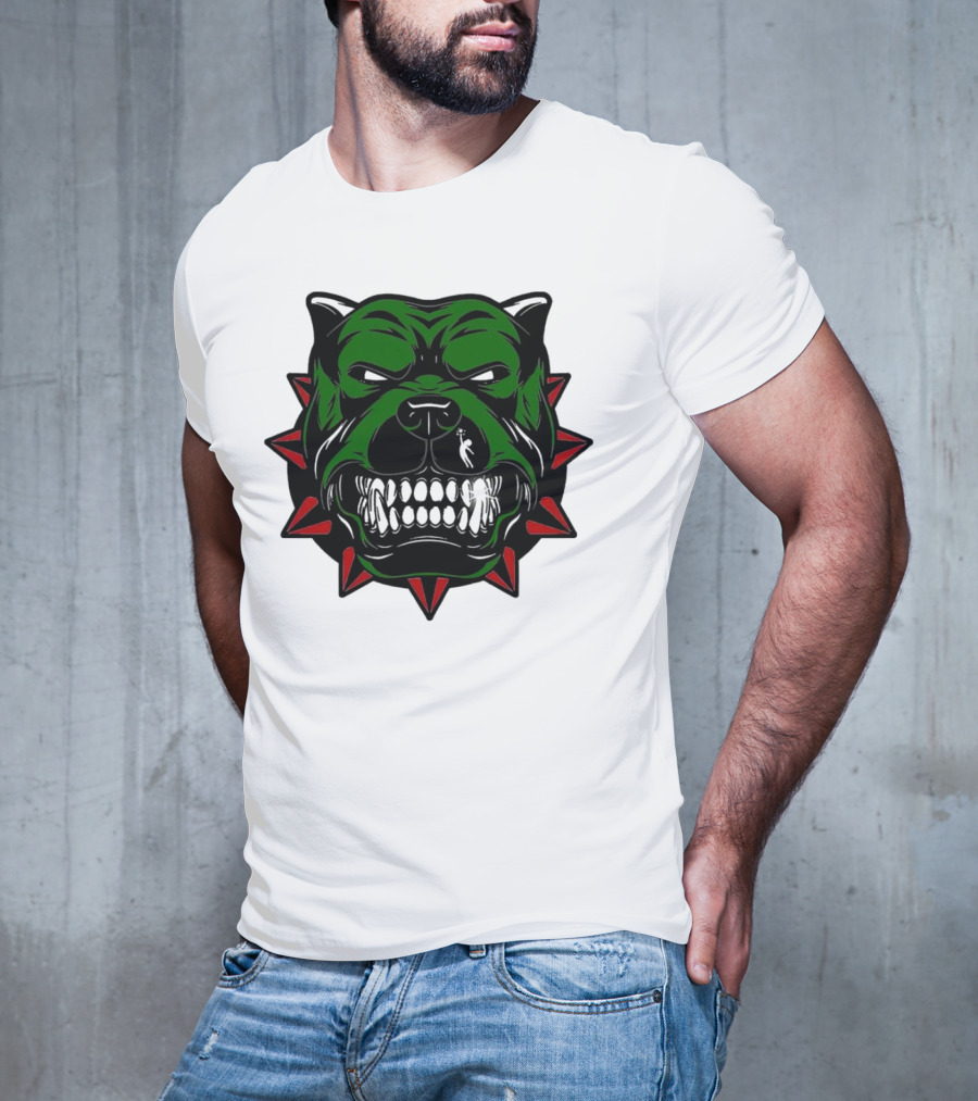 Angry Pitbull With Green Face And Red Spiked Collar Merry Christmas T-Shirt