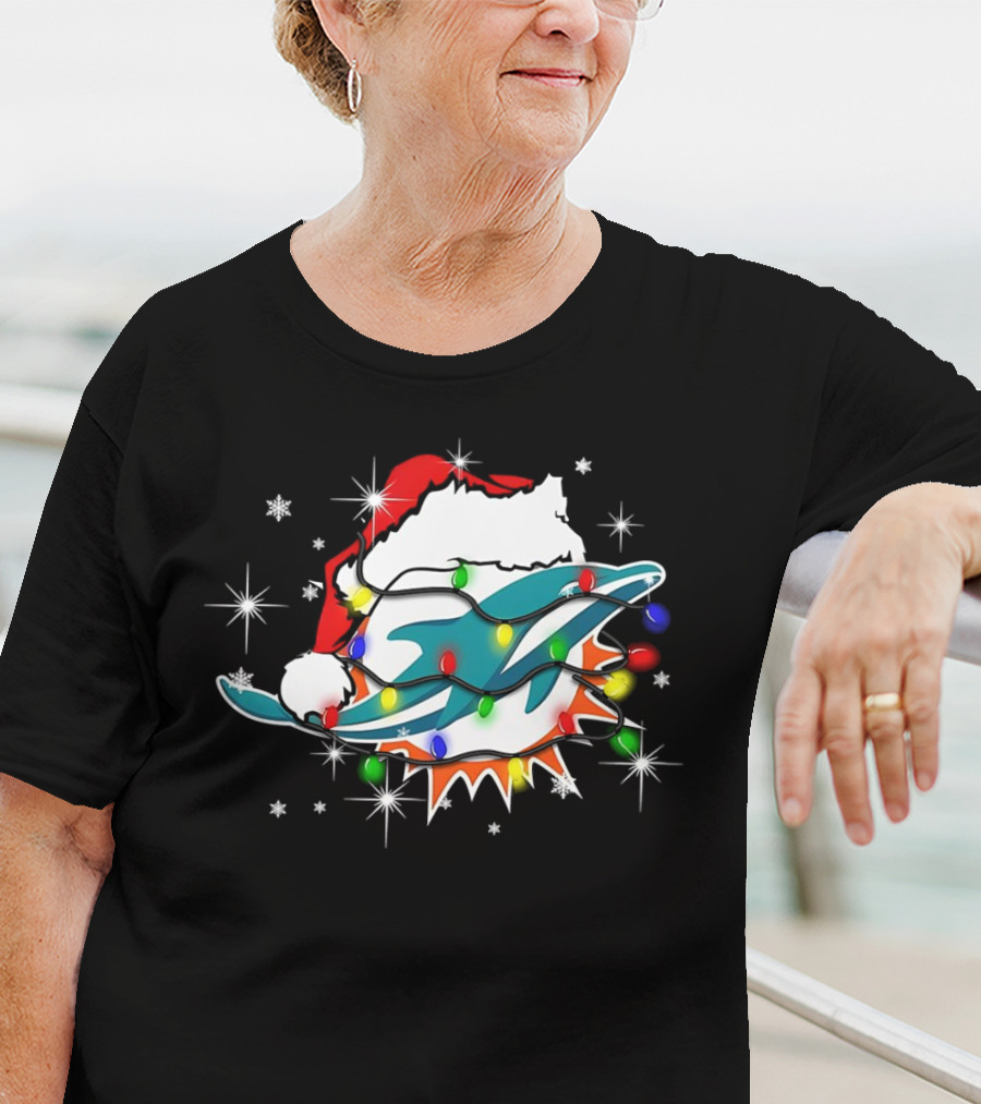 Miami Dolphins Santa Hat Christmas Lights Snowflakes T-Shirt