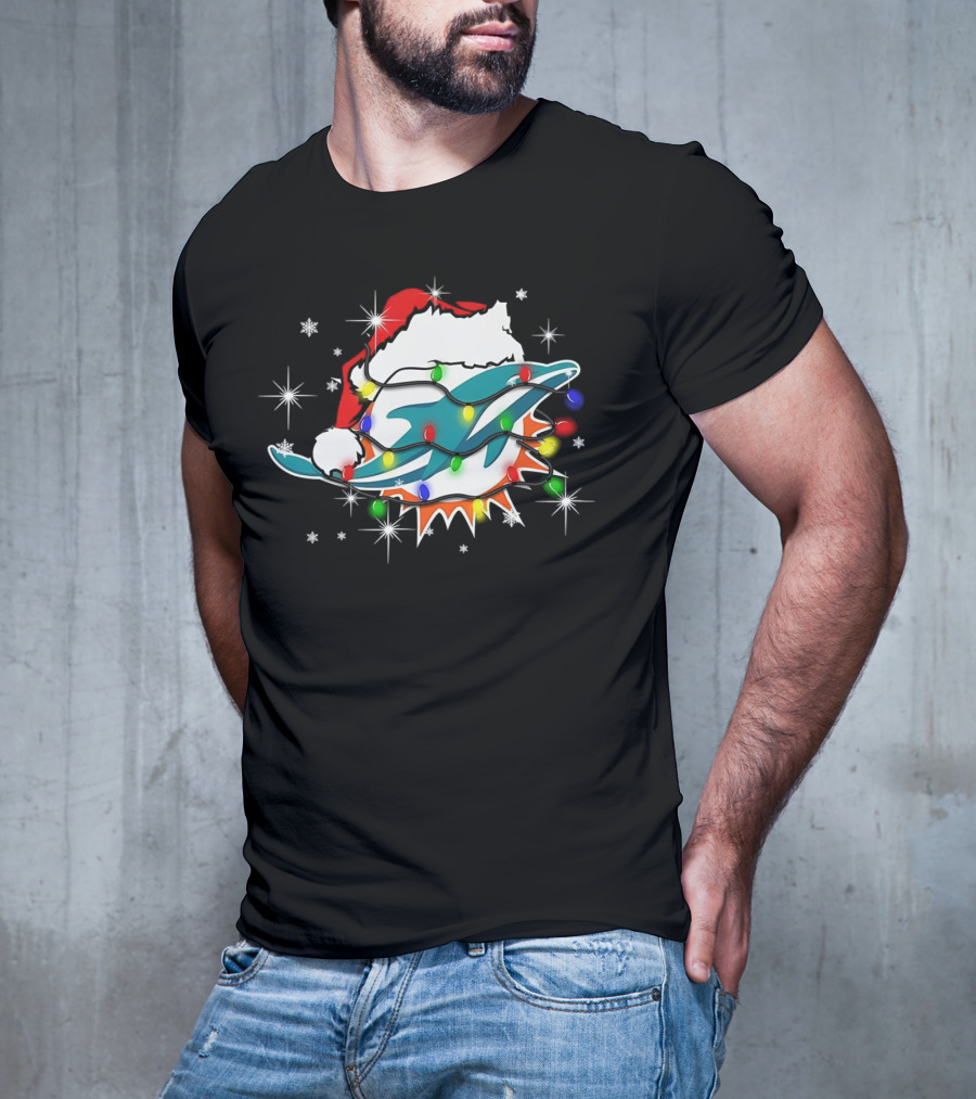 Miami Dolphins Santa Hat Christmas Lights Snowflakes T-Shirt