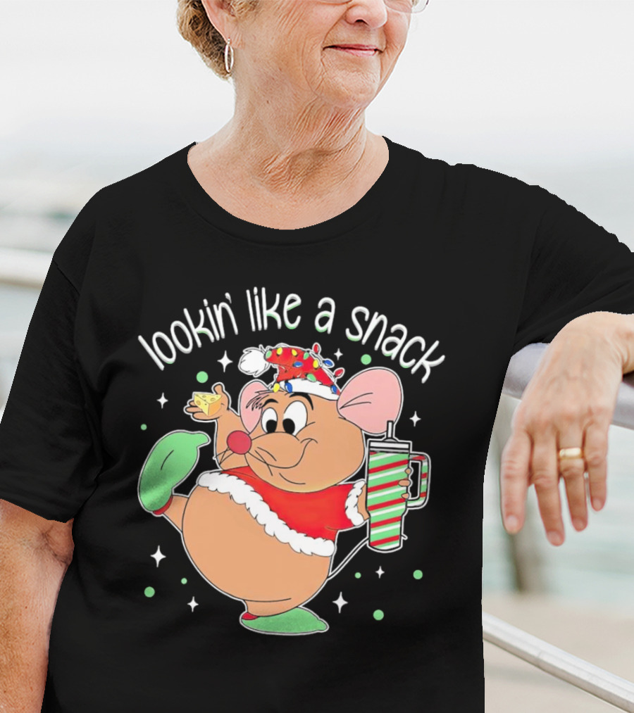 Lookin' Like A Snack Santa Mouse Holding Cheese And Peppermint Drink T-Shirt