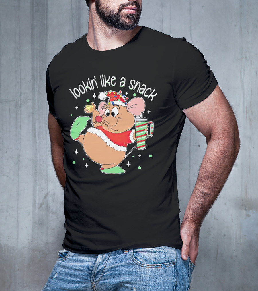 Lookin' Like A Snack Santa Mouse Holding Cheese And Peppermint Drink T-Shirt