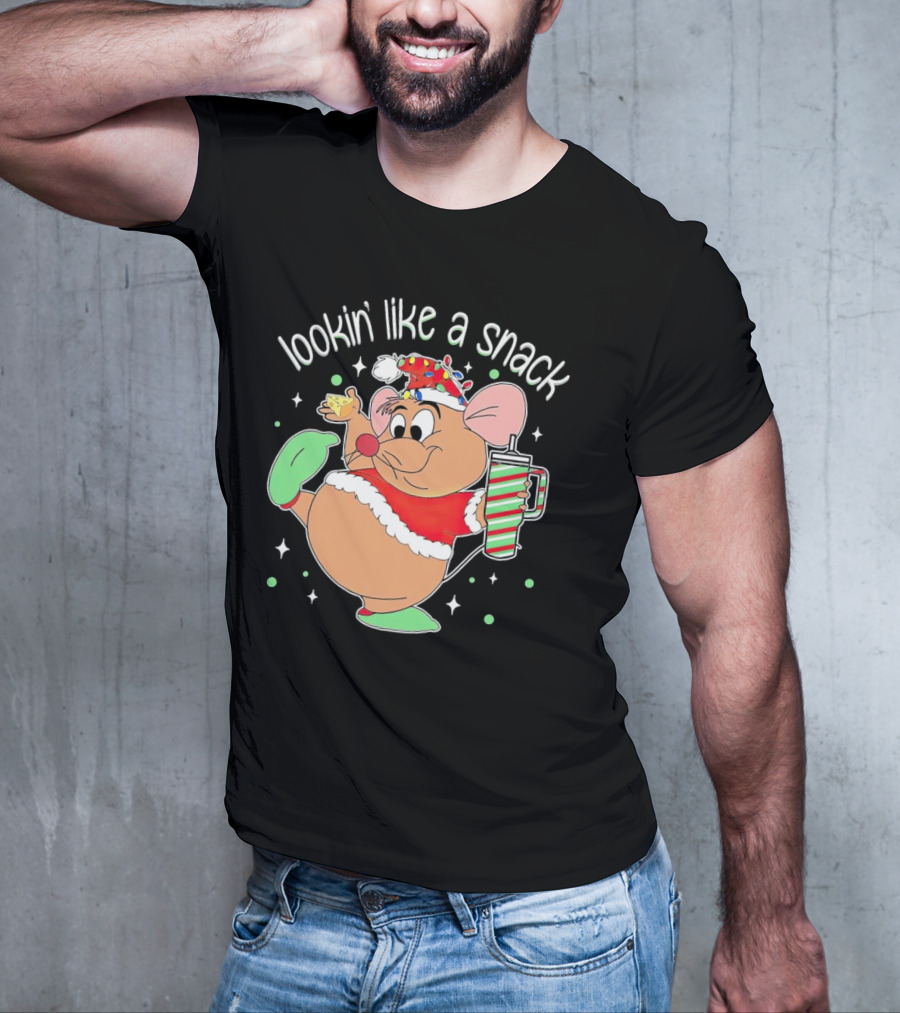 Lookin' Like A Snack Santa Mouse Holding Cheese And Peppermint Drink T-Shirt