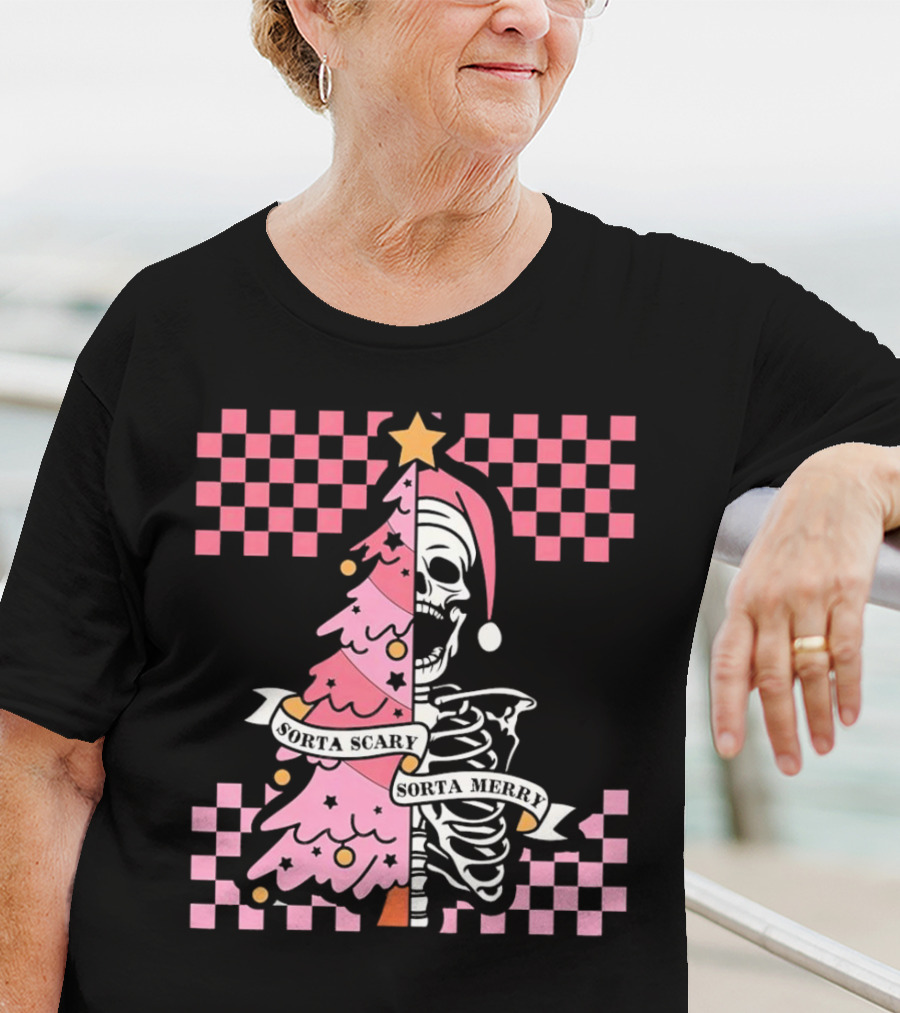 Skeleton Sorta Scary Sorta Merry Christmas Tree Split T-Shirt