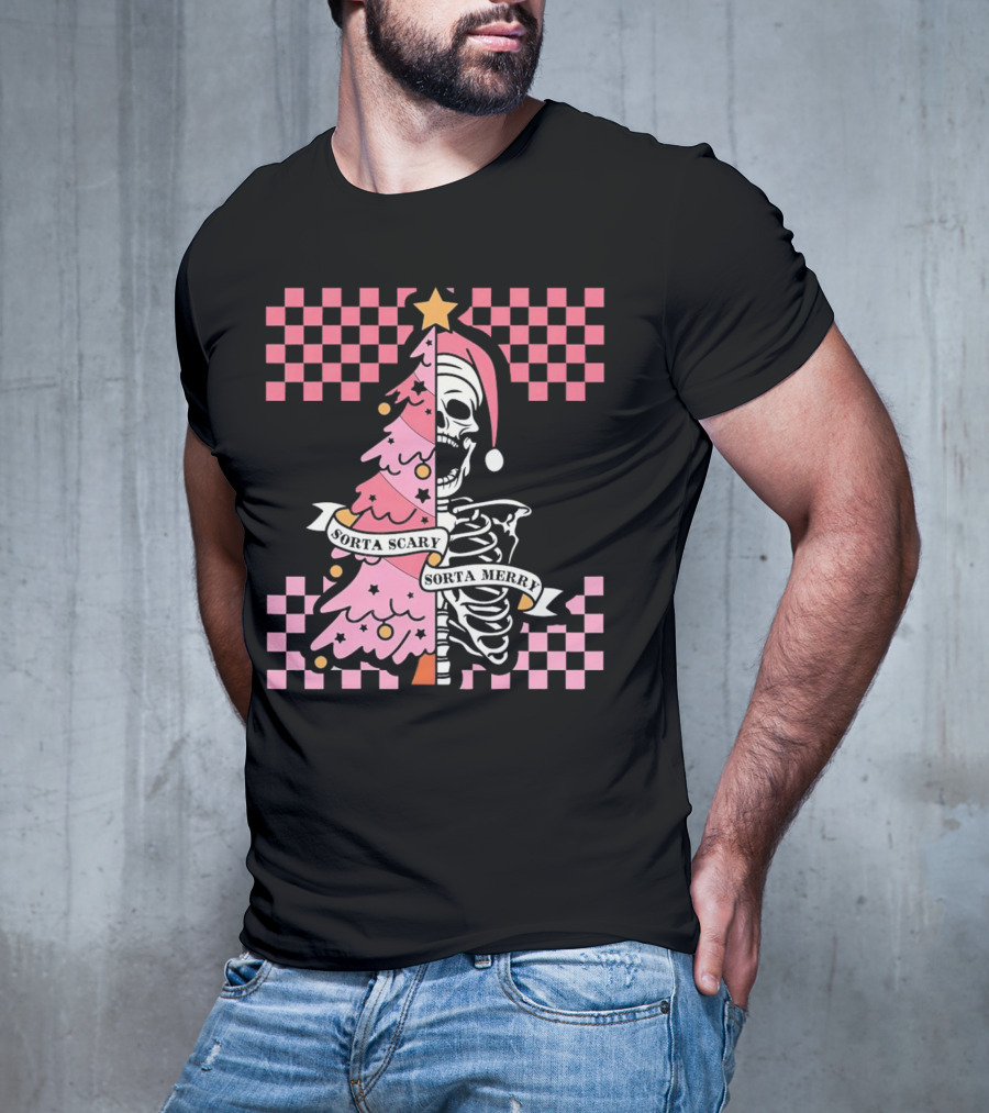 Skeleton Sorta Scary Sorta Merry Christmas Tree Split T-Shirt