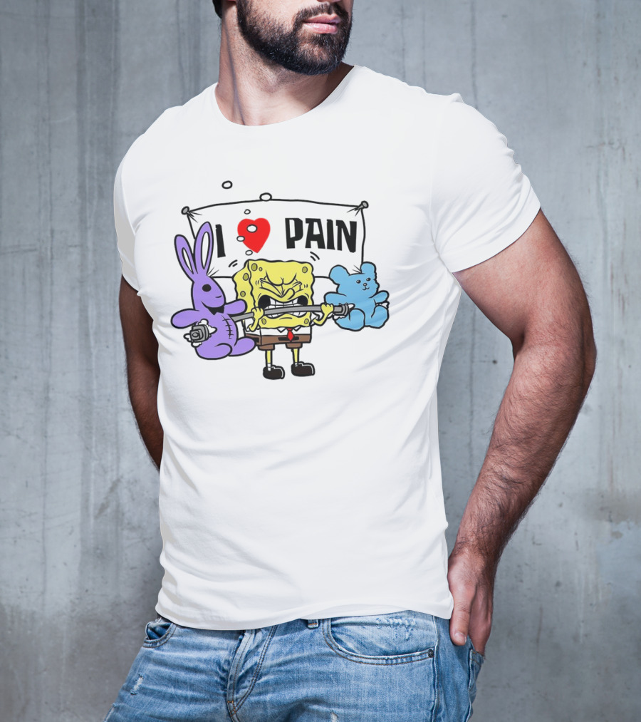 SpongeBob I Love Pain Weightlifting With Purple Bunny And Blue Bear T-Shirt