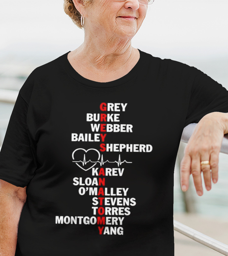 GREYS ANATOMY Grey Burke Webber Bailey Shepherd Karev Sloan O'Malley Stevens Torres Montgomery Yang Heartbeat T-Shirt