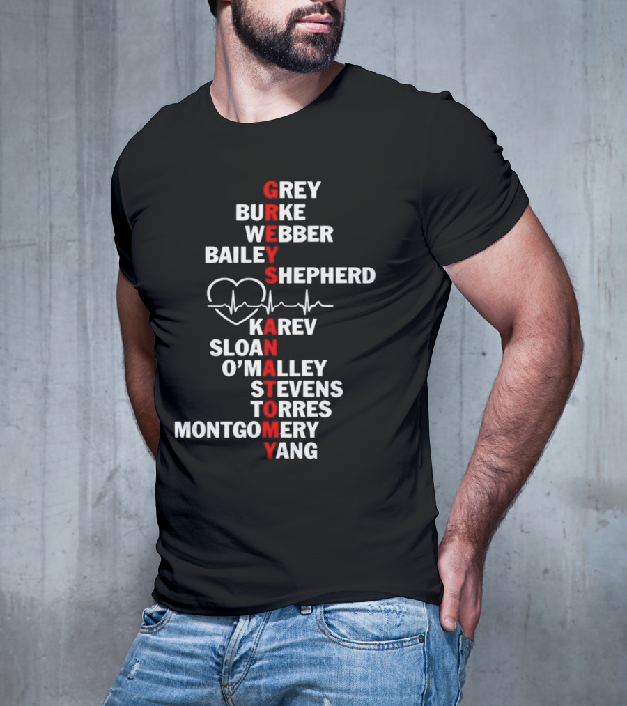 GREYS ANATOMY Grey Burke Webber Bailey Shepherd Karev Sloan O'Malley Stevens Torres Montgomery Yang Heartbeat T-Shirt