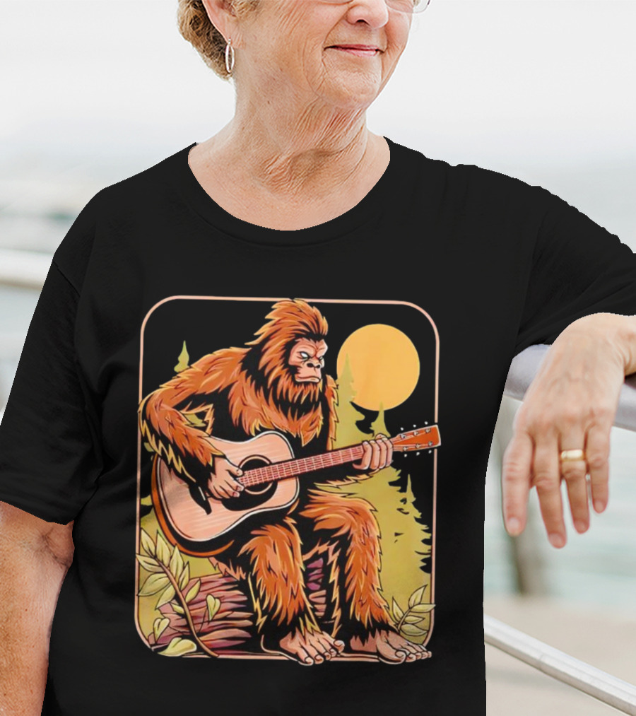 Bigfoot Playing Acoustic Guitar In Forest Scene T-Shirt