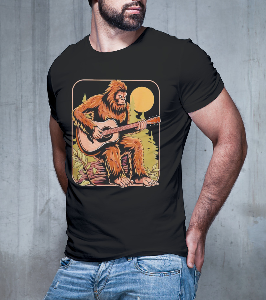 Bigfoot Playing Acoustic Guitar In Forest Scene T-Shirt