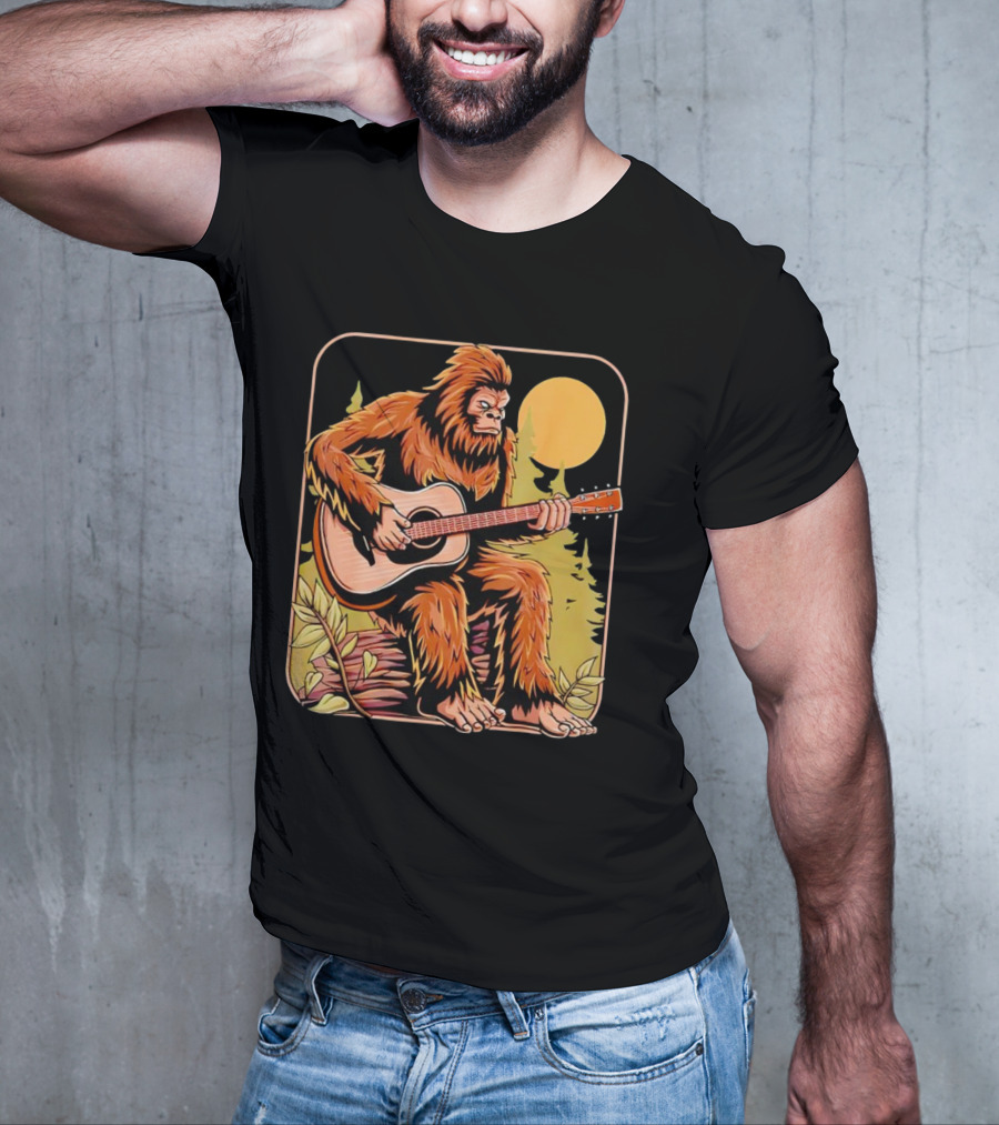 Bigfoot Playing Acoustic Guitar In Forest Scene T-Shirt