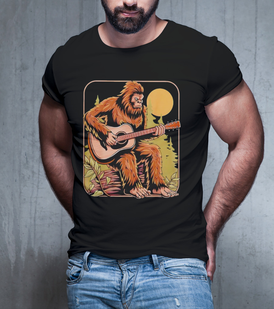 Bigfoot Playing Acoustic Guitar In Forest Scene T-Shirt