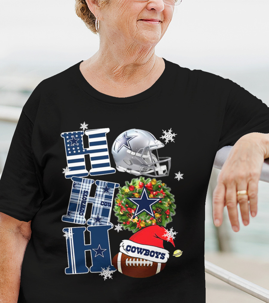 Dallas Cowboys NFL Ho Ho Ho Christmas Football Helmet Wreath Santa Hat T-Shirt
