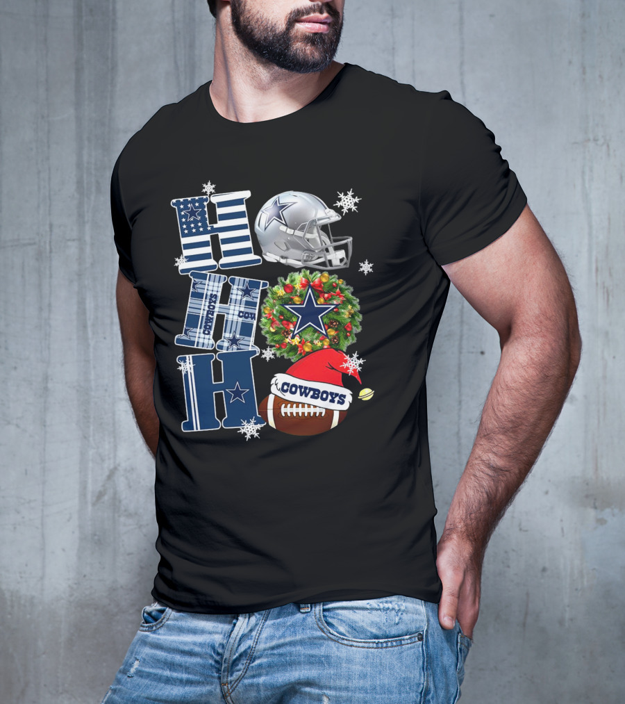 Dallas Cowboys NFL Ho Ho Ho Christmas Football Helmet Wreath Santa Hat T-Shirt