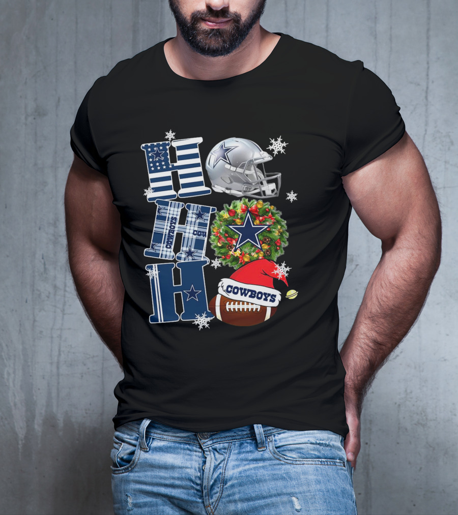 Dallas Cowboys NFL Ho Ho Ho Christmas Football Helmet Wreath Santa Hat T-Shirt