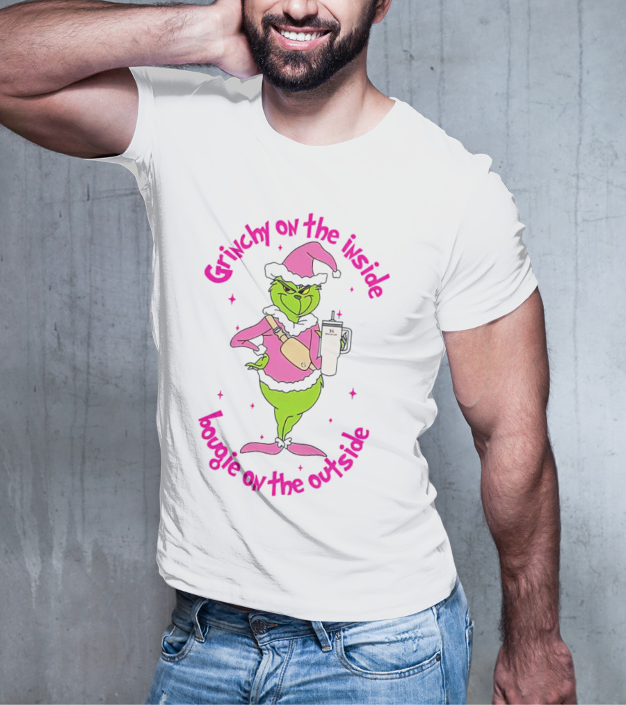 Grinchy On The Inside Bougie On The Outside Pink Hat Coffee Mug Christmas T-Shirt