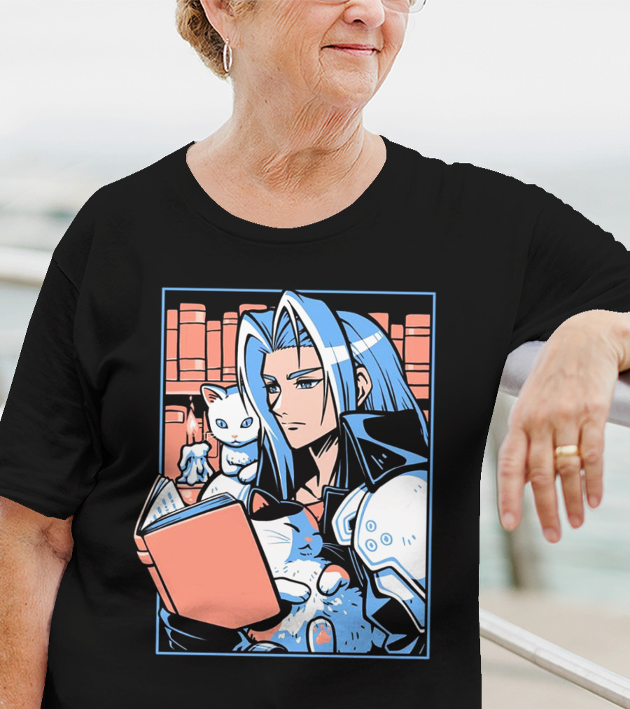 Sephiroth Reading In Basement Library With Cats And Books T-Shirt
