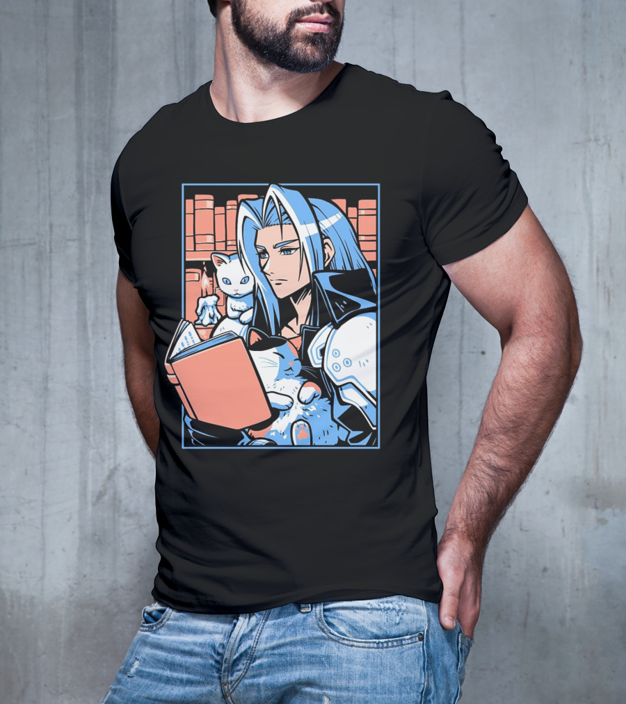 Sephiroth Reading In Basement Library With Cats And Books T-Shirt