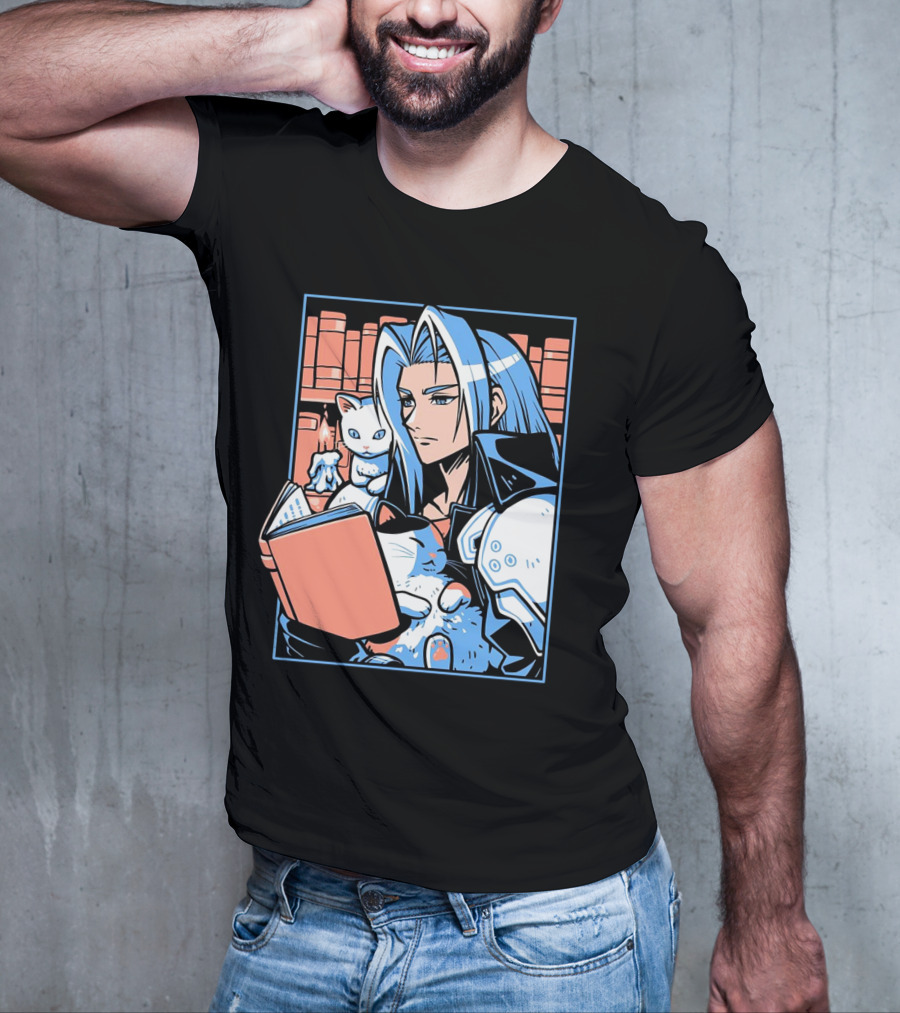 Sephiroth Reading In Basement Library With Cats And Books T-Shirt
