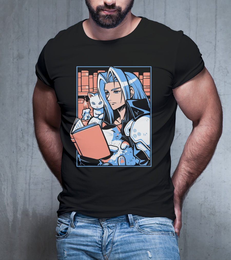 Sephiroth Reading In Basement Library With Cats And Books T-Shirt