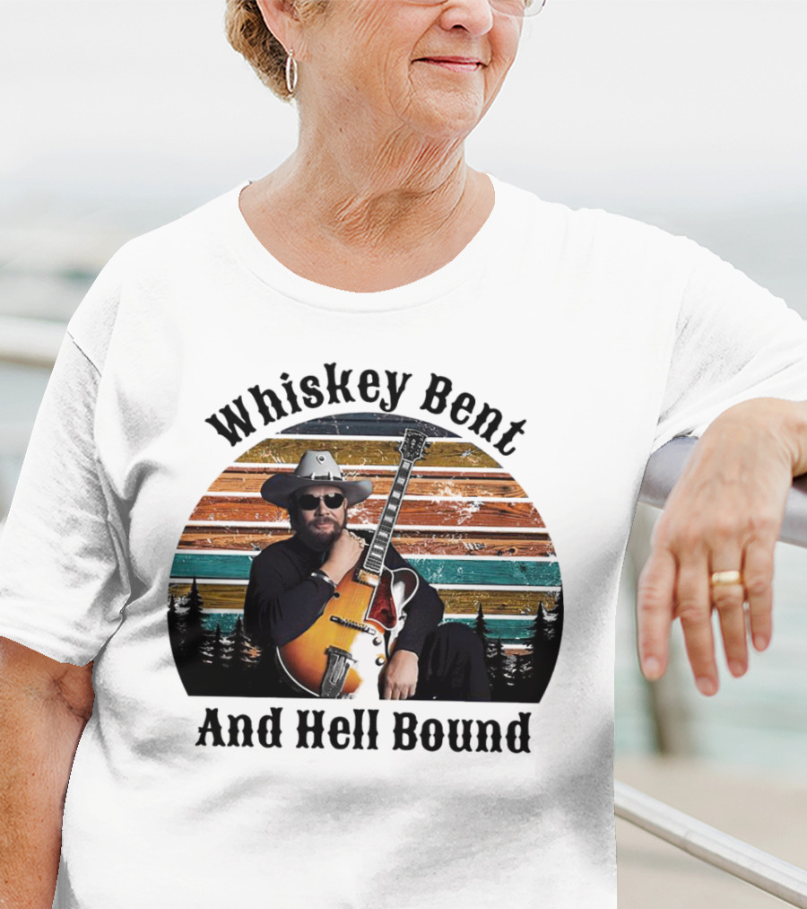Whiskey Bent And Hell Bound Cowboy With Guitar Retro Sunset T-Shirt