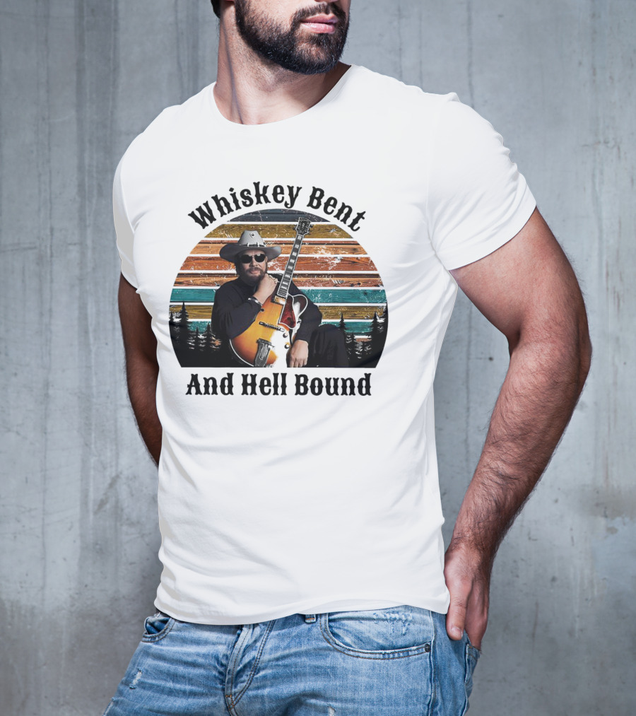 Whiskey Bent And Hell Bound Cowboy With Guitar Retro Sunset T-Shirt