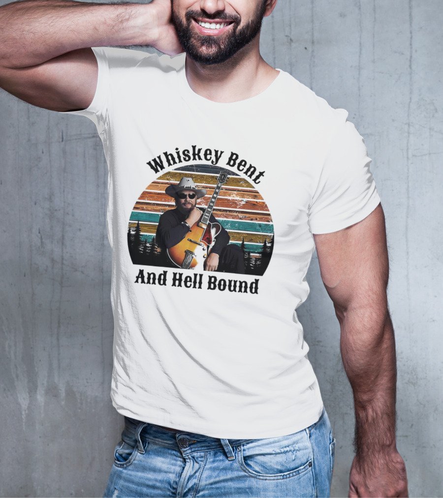 Whiskey Bent And Hell Bound Cowboy With Guitar Retro Sunset T-Shirt