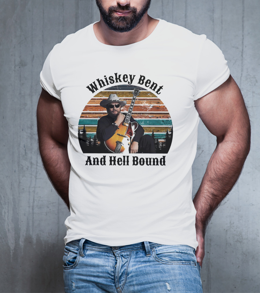Whiskey Bent And Hell Bound Cowboy With Guitar Retro Sunset T-Shirt