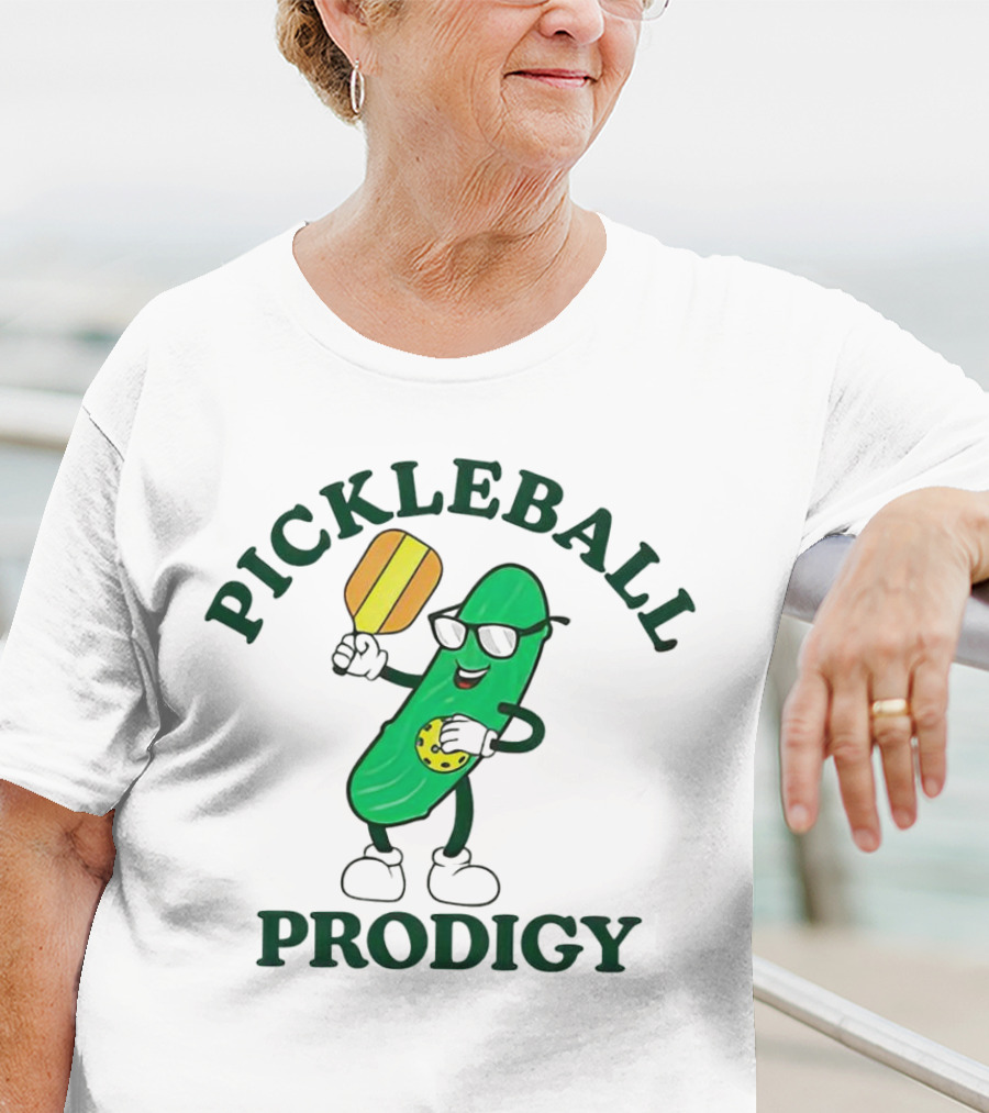 PICKLEBALL PRODIGY FUN PICKLE CHARACTER WITH PADDLE AND SUNGLASSES T-Shirt