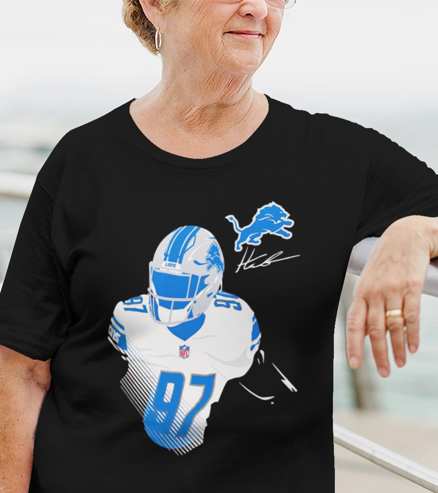 Aidan Hutchinson Detroit Lions Player Signature 97 NFL Logo Lions Helmet T-Shirt