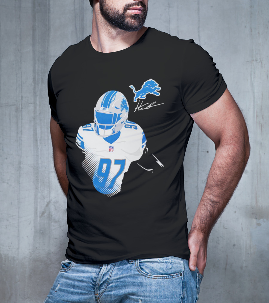 Aidan Hutchinson Detroit Lions Player Signature 97 NFL Logo Lions Helmet T-Shirt