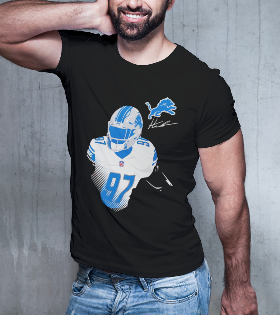 Aidan Hutchinson Detroit Lions Player Signature 97 NFL Logo Lions Helmet T-Shirt