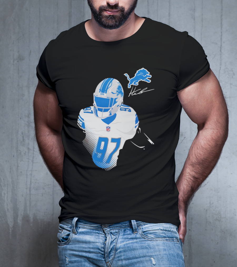 Aidan Hutchinson Detroit Lions Player Signature 97 NFL Logo Lions Helmet T-Shirt