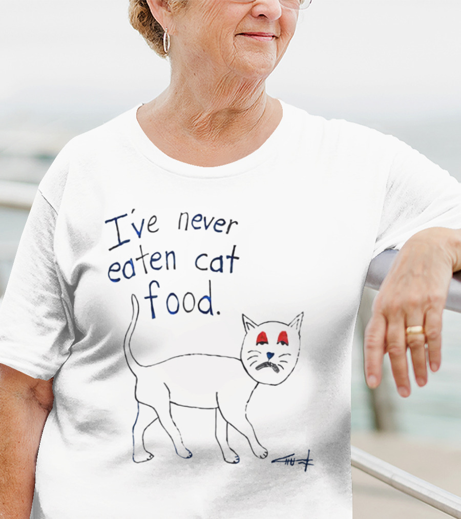 I’ve Never Eaten Cat Food Black Cat Drawing With Blue Mustache And Red Eyes T-Shirt
