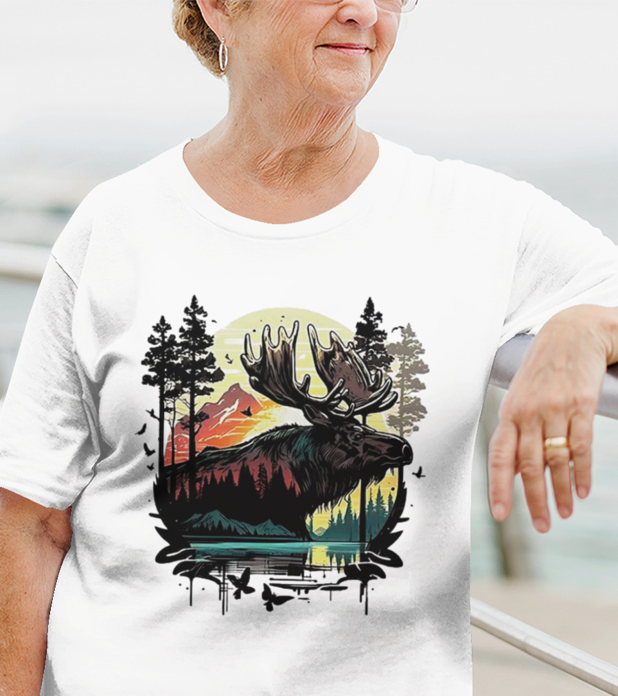 Moose In The Forest With Sunset And Mountain Landscape T-Shirt
