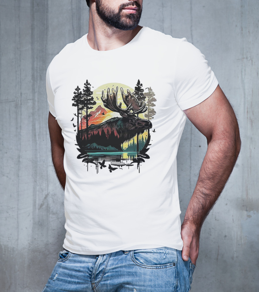 Moose In The Forest With Sunset And Mountain Landscape T-Shirt