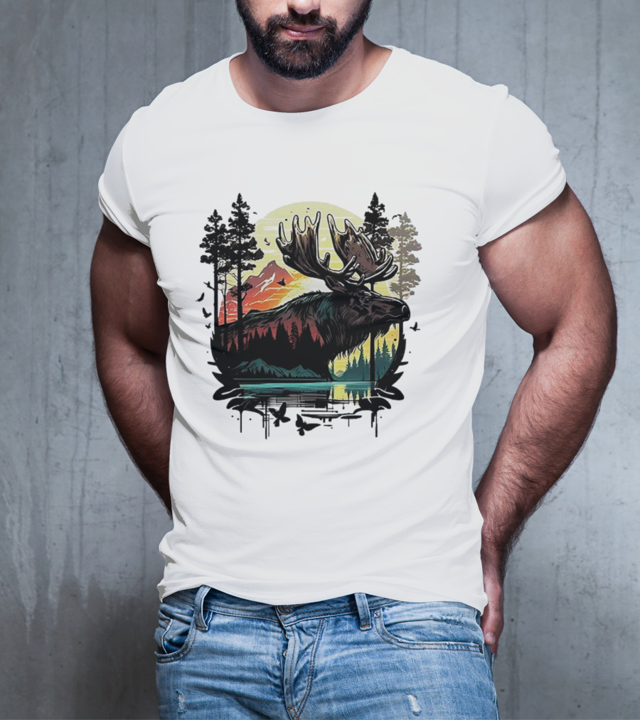Moose In The Forest With Sunset And Mountain Landscape T-Shirt