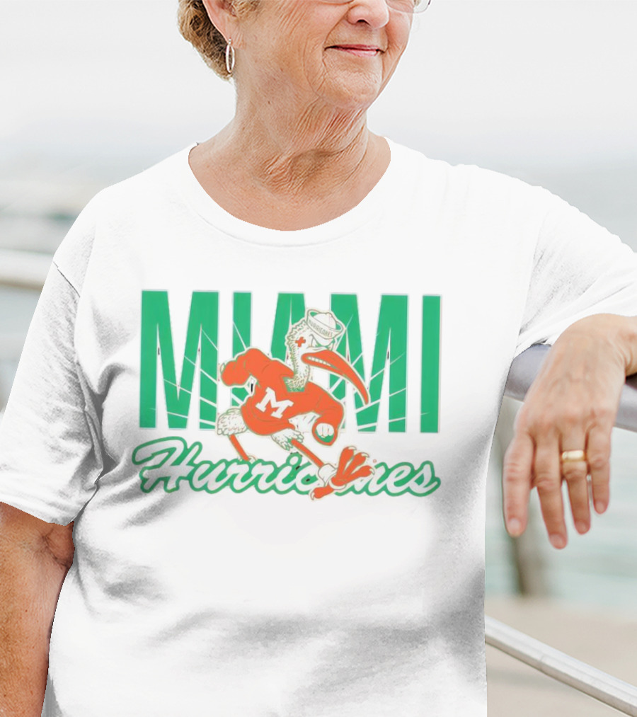 Miami Hurricanes Sebastian The Ibis Mascot With Bold Lettering T-Shirt
