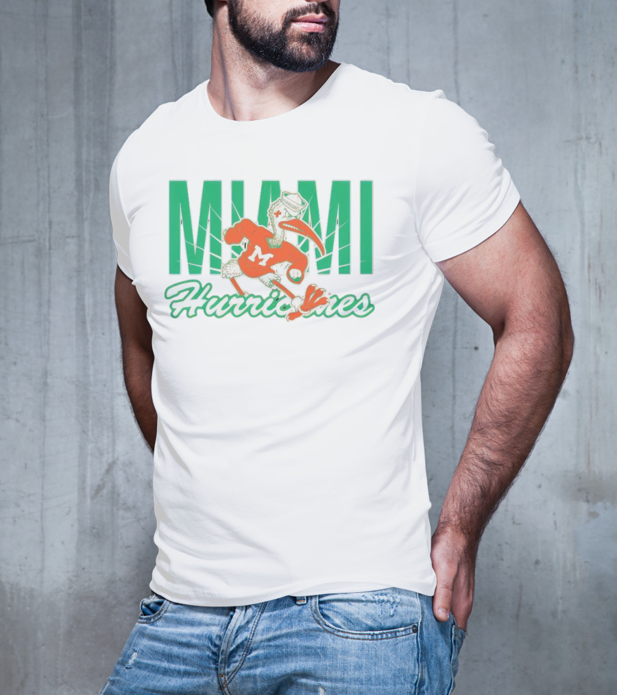 Miami Hurricanes Sebastian The Ibis Mascot With Bold Lettering T-Shirt