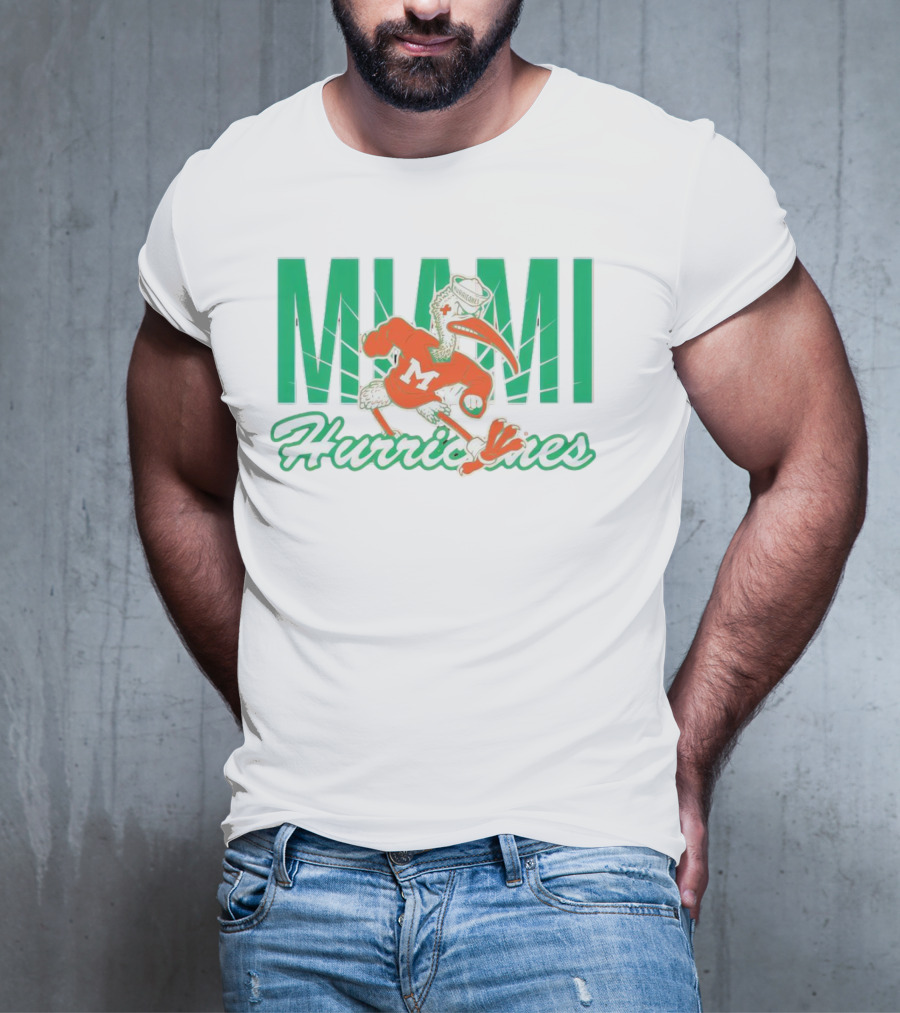 Miami Hurricanes Sebastian The Ibis Mascot With Bold Lettering T-Shirt