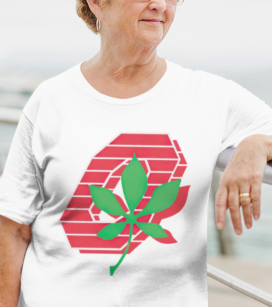 Ohio State Buckeyes Scarlet And Gray O With Green Leaf Emblem T-Shirt