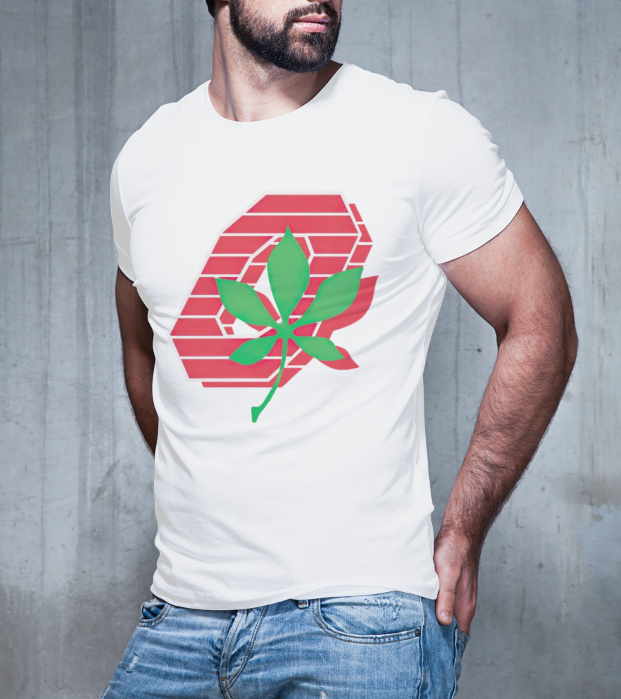 Ohio State Buckeyes Scarlet And Gray O With Green Leaf Emblem T-Shirt