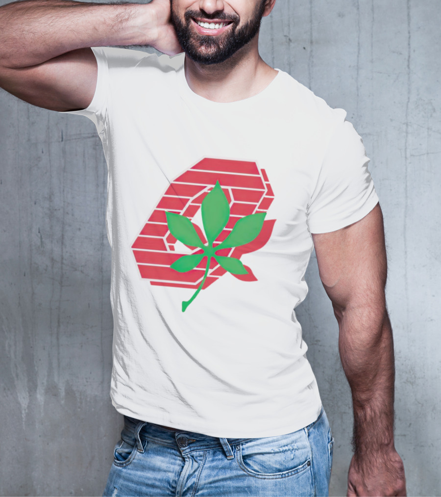 Ohio State Buckeyes Scarlet And Gray O With Green Leaf Emblem T-Shirt