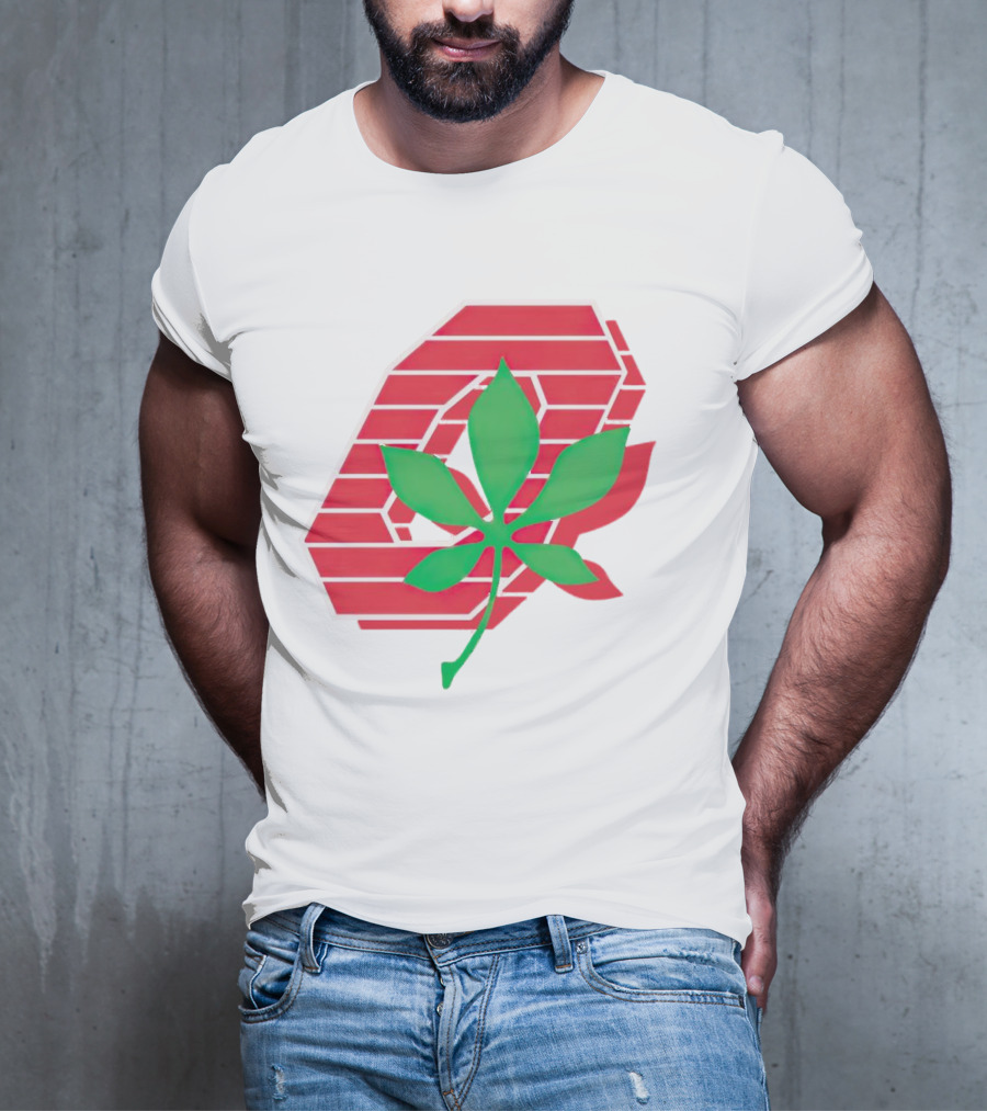 Ohio State Buckeyes Scarlet And Gray O With Green Leaf Emblem T-Shirt