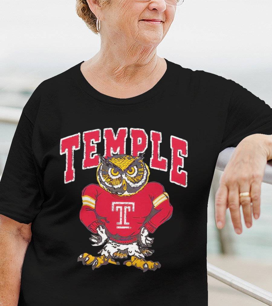 Temple Owls Football Mascot In Red Jersey With Bold Temple Text T-Shirt