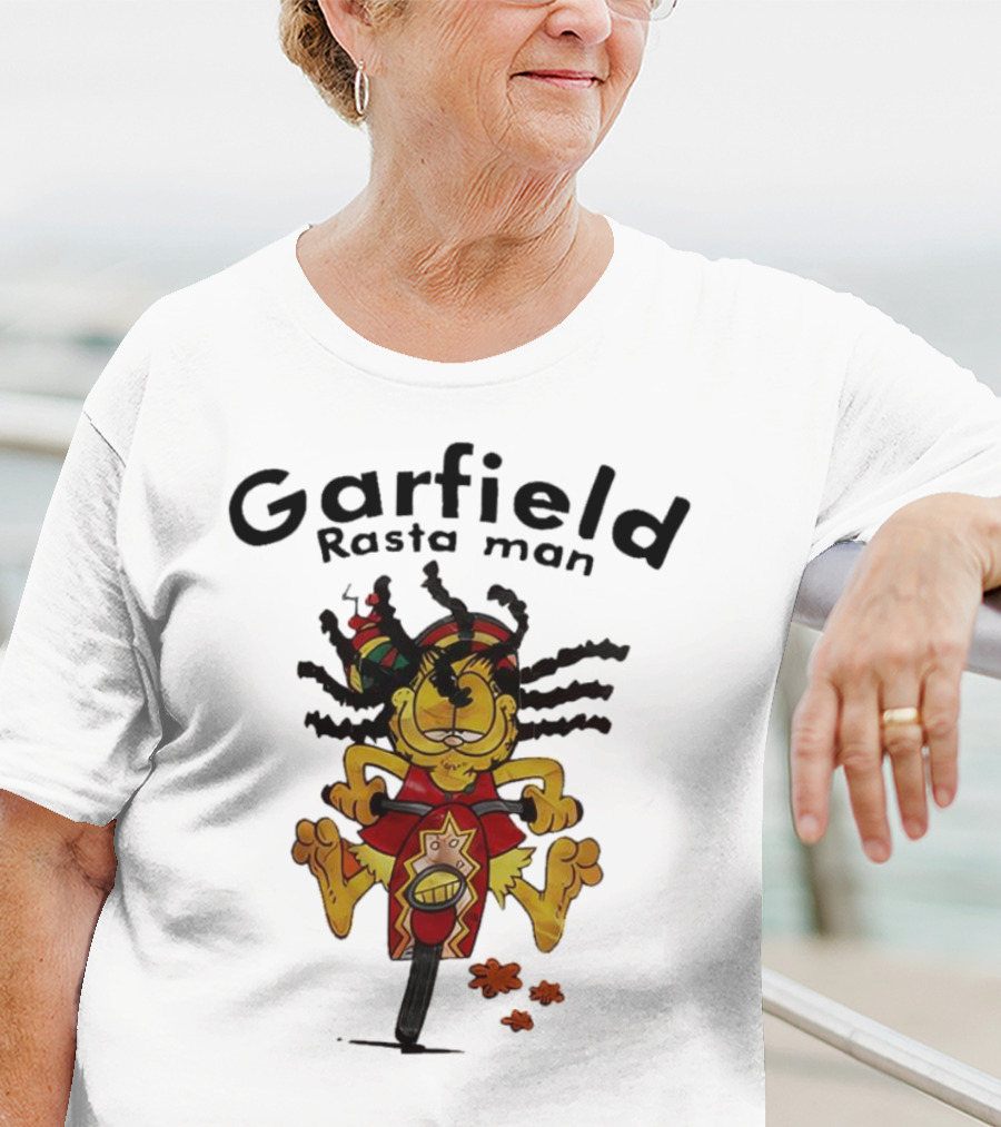 Garfield Rasta Man Dreadlocks Bicycle Whimsical Fun T-Shirt