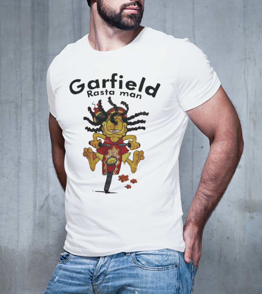 Garfield Rasta Man Dreadlocks Bicycle Whimsical Fun T-Shirt
