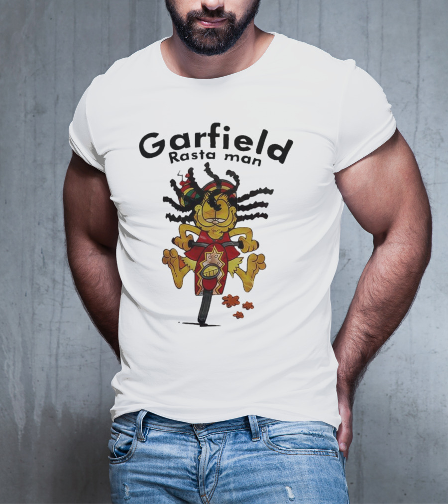 Garfield Rasta Man Dreadlocks Bicycle Whimsical Fun T-Shirt