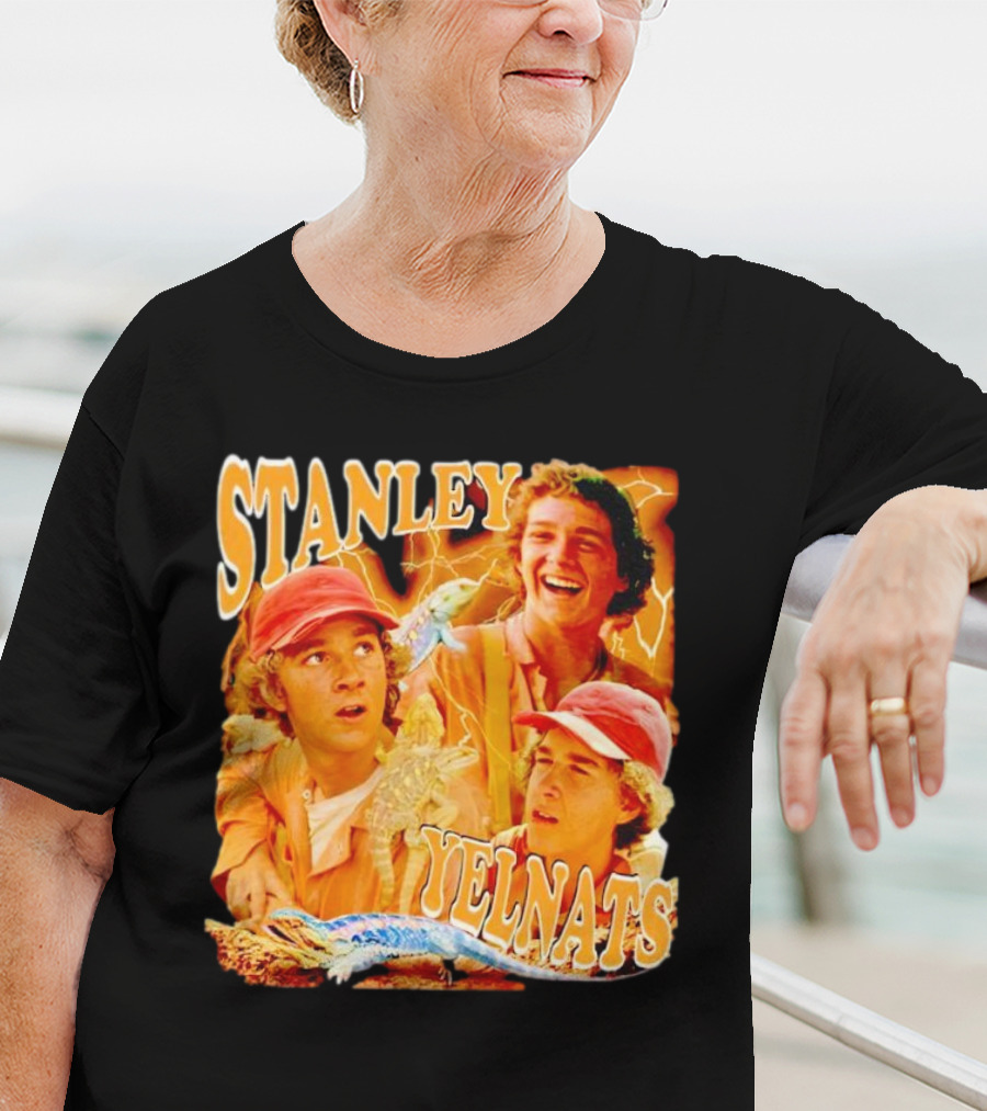Stanley Yelnats Character Collage With Orange Background And Lizard T-Shirt